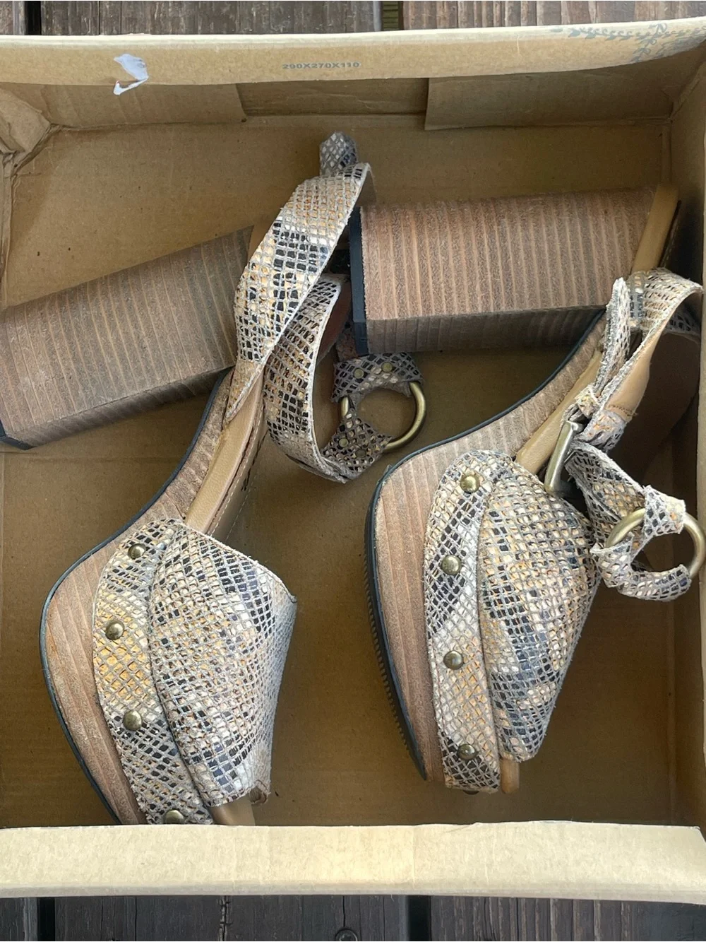 Free People Brown/Beige Snake Print Strappy Platform Block Heel Sandals Size 7
